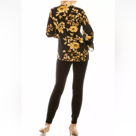 Zac & Rachel Button Down Loop Satin Blouse Plus 1X Black Gold Floral $48 Ruffle - Picture 2 of 14